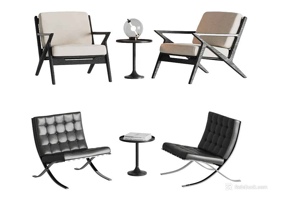 Modern Leisure Chairs With Light Dark Upholstery Button Tufted Black Frame And Side Tables 3d model 
