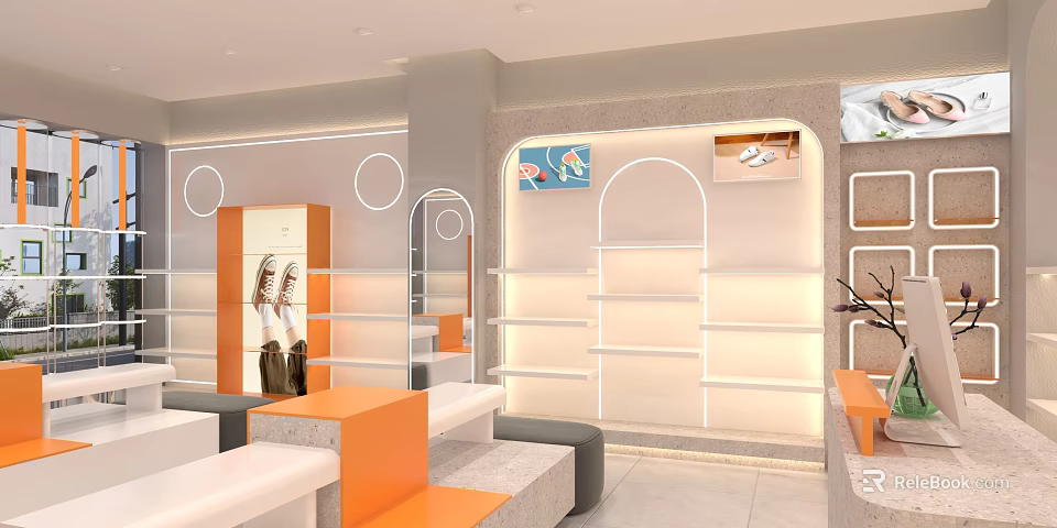 Modern Boutique Interior Design With Orange Counter White Shelves And Arched Windows 3d model 