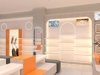 Modern Boutique Interior Design With Orange Counter White Shelves And Arched Windows 3d model