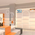 Modern Boutique Interior Design With Orange Counter White Shelves And Arched Windows