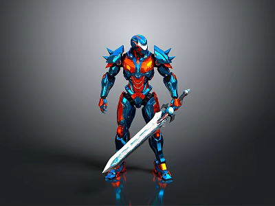 Sci Fi Armored Character With Blue Red Armor Spikes And Long Sword 3d model