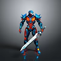 Sci Fi Armored Character With Blue Red Armor Spikes And Long Sword