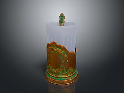 Elegant Decorative Candle Holder with White Body Ornate Golden Base and Green Top Accent 3d model