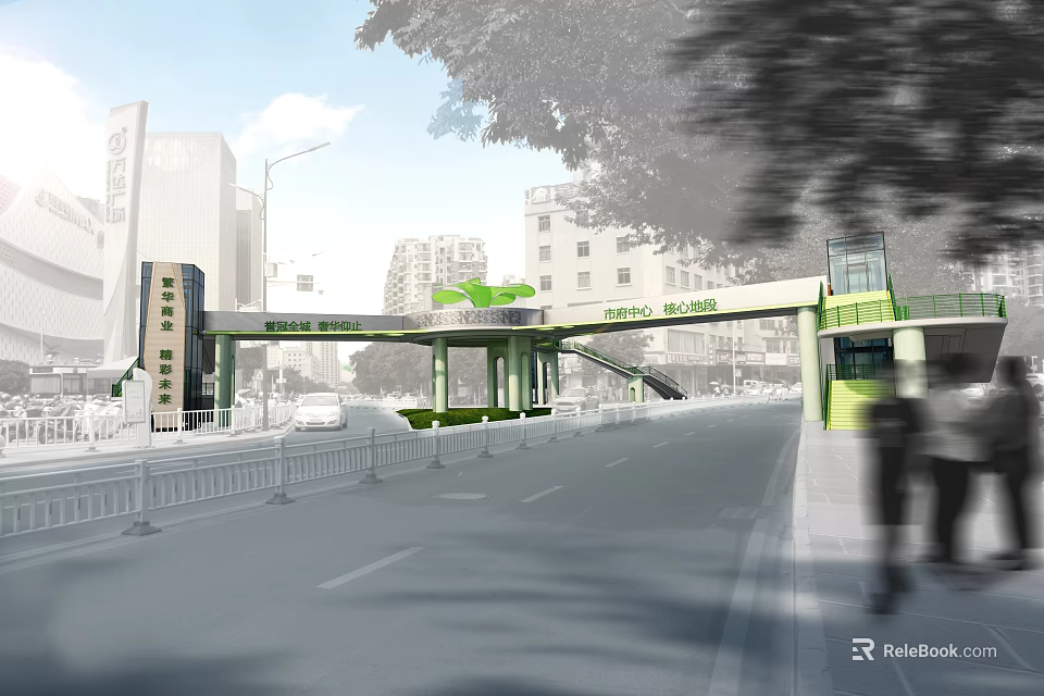 Pedestrian Bridge in Modern Urban Area with Street Vehicles Pedestrians Green Structure and Trees 3d model 