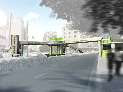 Pedestrian Bridge in Modern Urban Area with Street Vehicles Pedestrians Green Structure and Trees 3d model