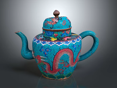 Chinese Traditional Teal Teapot With Intricate Red Dragon Design And Colorful Decorations 3d model