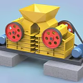 Yellow Industrial Crusher Machine With Red Wheels Blue Motor And Concrete Base