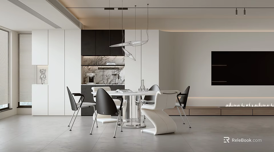 Modern Open Restaurant Interior With Round Dining Table Black Chairs And Pendant Lights 3d model 