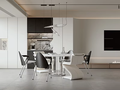 Modern Open Restaurant Interior With Round Dining Table Black Chairs And Pendant Lights 3d model