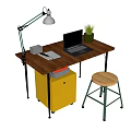 Modern Wooden Desk and Stool Set with Black Metal Legs Lamp Laptop and Yellow Cabinet