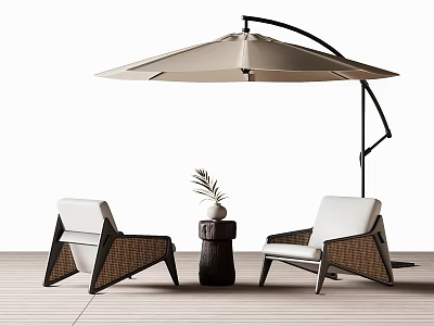 Rattan Outdoor Chairs With White Cushions And Side Table Patio Setting With Umbrella 3d model