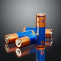 Orange And Blue Cylindrical Electro Batteries Standing On Reflective Surface 3d model