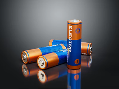 Orange And Blue Cylindrical Electro Batteries Standing On Reflective Surface 3d model