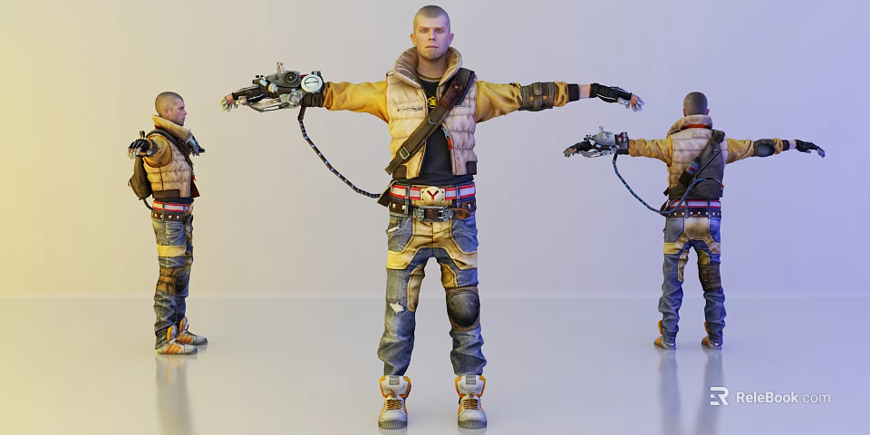Man In Yellow Jacket With Backpack And Mechanical Devices On Arms In 3D Character Design 3d model 