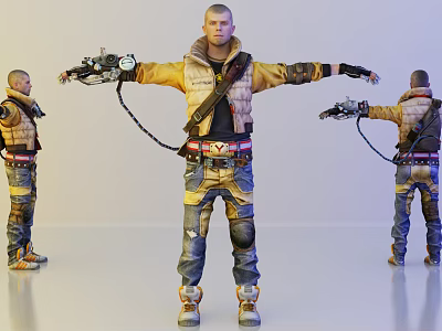 Man In Yellow Jacket With Backpack And Mechanical Devices On Arms In 3D Character Design 3d model