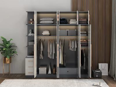 Modern Open Wardrobe Interior With Multiple Shelves Hanging Rods And Storage Boxes 3d model