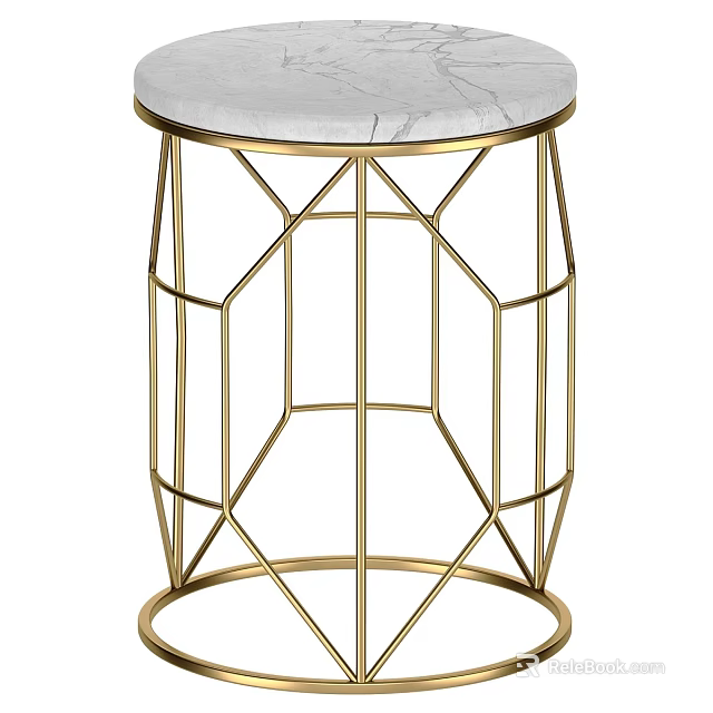 Modern Round Accent Table With White Marble Top And Gold Geometric Frame 3d model 
