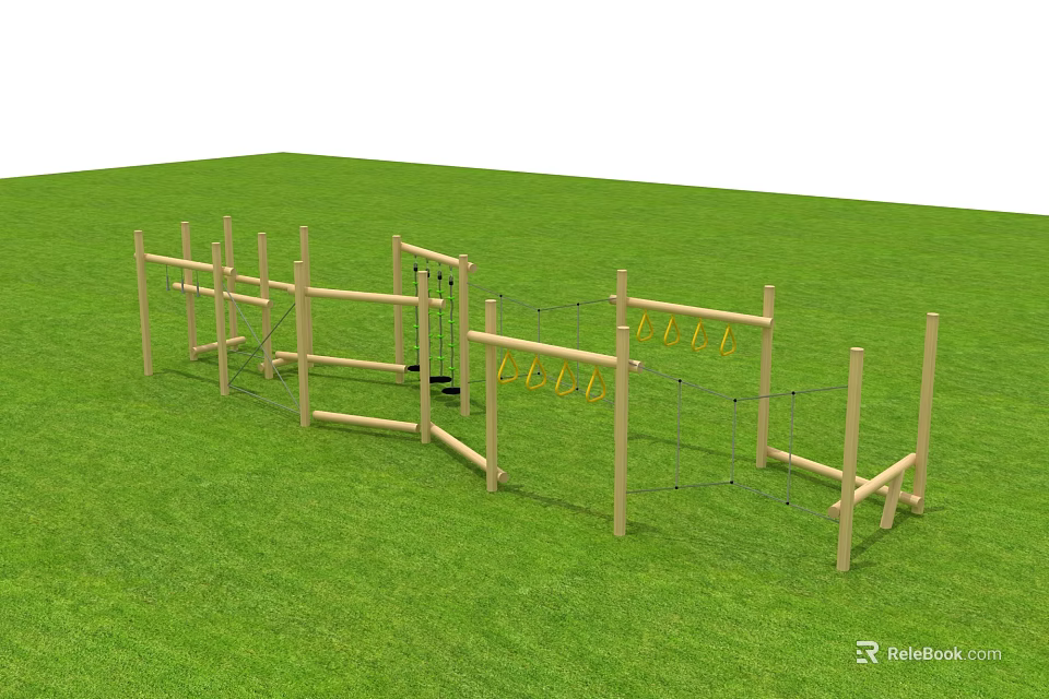 Wooden Playground Equipment Climbing Structure on Green Grass Field for Kids Outdoor Activities 3d model 