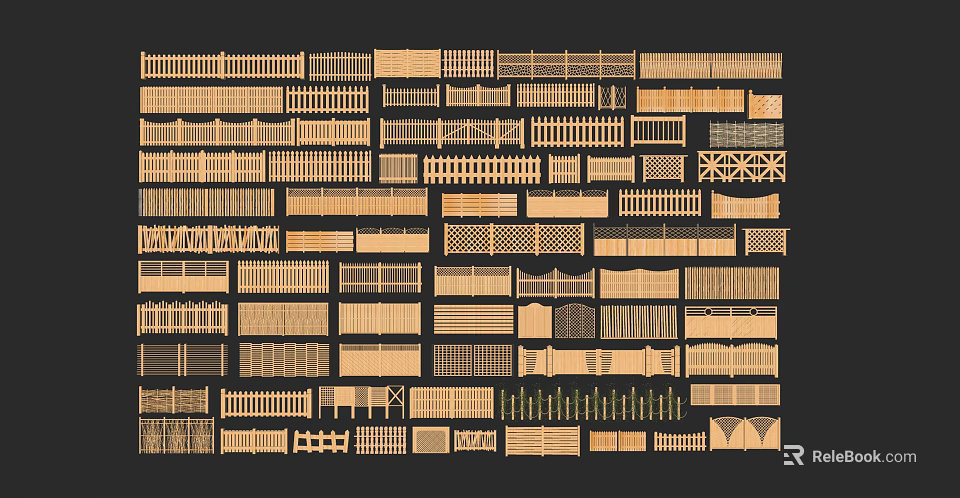 Various Wooden Fence Designs With Different Patterns And Decorative Styles 3d model 