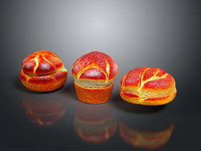 Three Red Braided Bread Loaves With Shiny Crust On Black Background 3d model