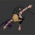 Woman With Blonde Hair In Dark Jumpsuit Tattoos Pink Lines Patterns Outstretched Arms Barefoot Standing