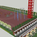 Outdoor Obstacle Training Area With Red Surface Climbing Tower Obstacles And Trees Near Ocean