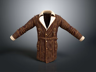 Brown Leather Coat With Fur Collar Belted Design And Long Sleeves Pockets 3d model