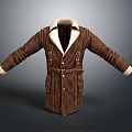Brown Leather Coat With Fur Collar Belted Design And Long Sleeves Pockets