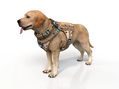 Yellow Labrador Retriever Wearing Tactical Harness with Green Light Equipment 3d model