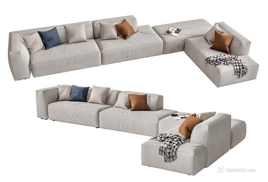 Light Gray Sectional Sofa with Decorative Pillows Blue Brown Side Table Magazines Plaid Throw Blanket 3d model 