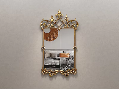 Ornate Golden Framed Mirror Reflecting Bedroom Bed With Pillows And Blanket 3d model