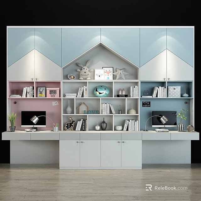 Modern Wardrobe with Light Blue White Cabinets Shelves Books Decorative Items and Desk Area 3d model 