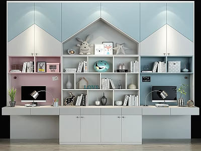 Modern Wardrobe with Light Blue White Cabinets Shelves Books Decorative Items and Desk Area 3d model