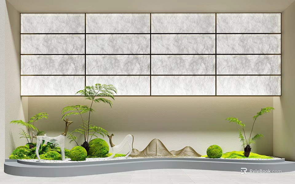 Garden Ornament Design with Deer Figure Green Plants Miniature Rockery and Stone Wall Panel 3d model 
