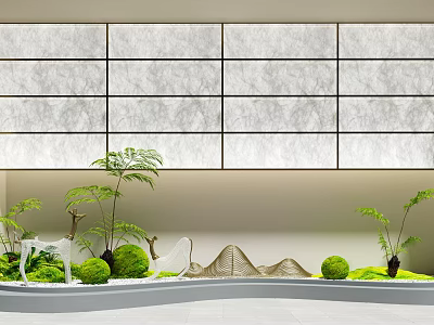 Garden Ornament Design with Deer Figure Green Plants Miniature Rockery and Stone Wall Panel 3d model