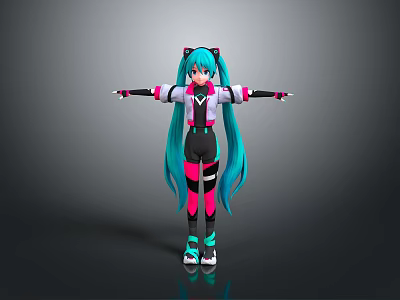 Anime Girl With Teal Long Hair Twin Tails Pink Black Outfit Arms Outstretched 3d model