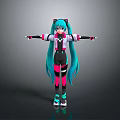 Anime Girl With Teal Long Hair Twin Tails Pink Black Outfit Arms Outstretched