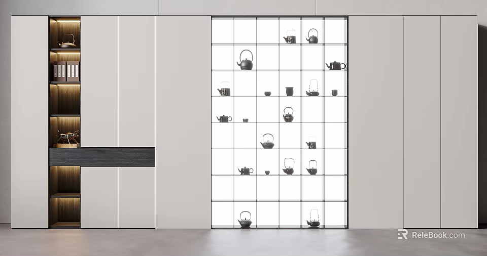 Modern White Decorative Cabinet With Grid Design And Glass Doors Displaying Tea Pots 3d model 