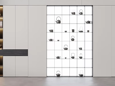 Modern White Decorative Cabinet With Grid Design And Glass Doors Displaying Tea Pots 3d model