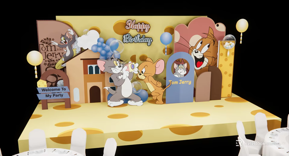 Tom and Jerry Themed Birthday Party Setup With Cheese Decor Balloons And Welcome Sign 3d model 