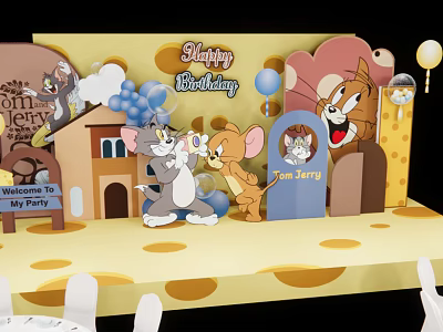 Tom and Jerry Themed Birthday Party Setup With Cheese Decor Balloons And Welcome Sign 3d model