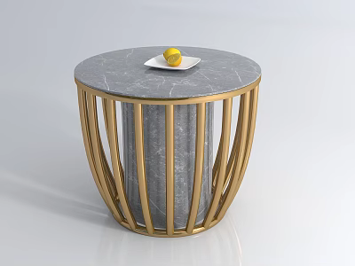 Stylish Round Coffee Table With Marble Top Golden Metal Frame And Plate With Yellow Fruit 3d model