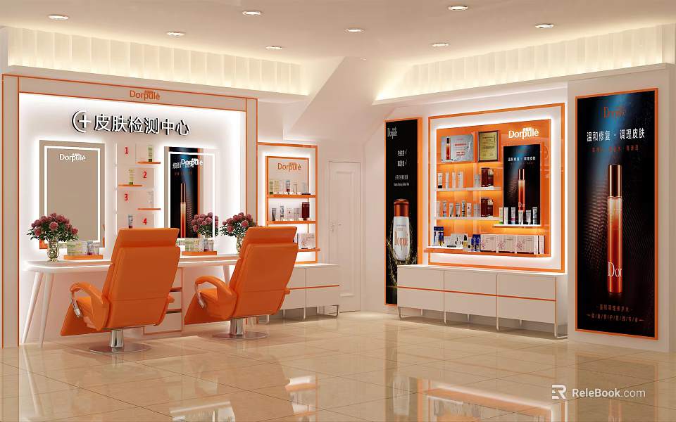 Skin Care Store Interior With Orange Chairs Display Cabinets And Skincare Products 3d model 