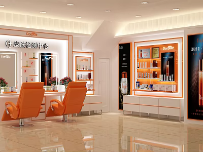 Skin Care Store Interior With Orange Chairs Display Cabinets And Skincare Products 3d model