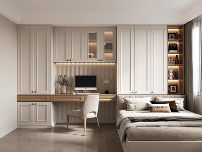 Modern Tatami Bedroom Interior Design With Built in Wardrobes Desk Computer Chair And Cozy Bed Pillows 3d model