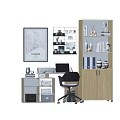 Modern Study Room Interior with Desk Laptop Bookshelves and Decorative Wall Art