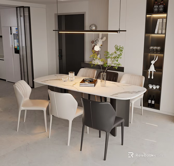 Modern Restaurant Interior With Dining Table Chairs Pendant Light And Decorative Plants 3d model 