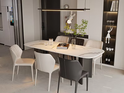 Modern Restaurant Interior With Dining Table Chairs Pendant Light And Decorative Plants 3d model