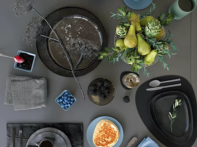 Modern Dark Tableware Set with Fruit Berries and Plant Decor for Elegant Table Setting 3d model