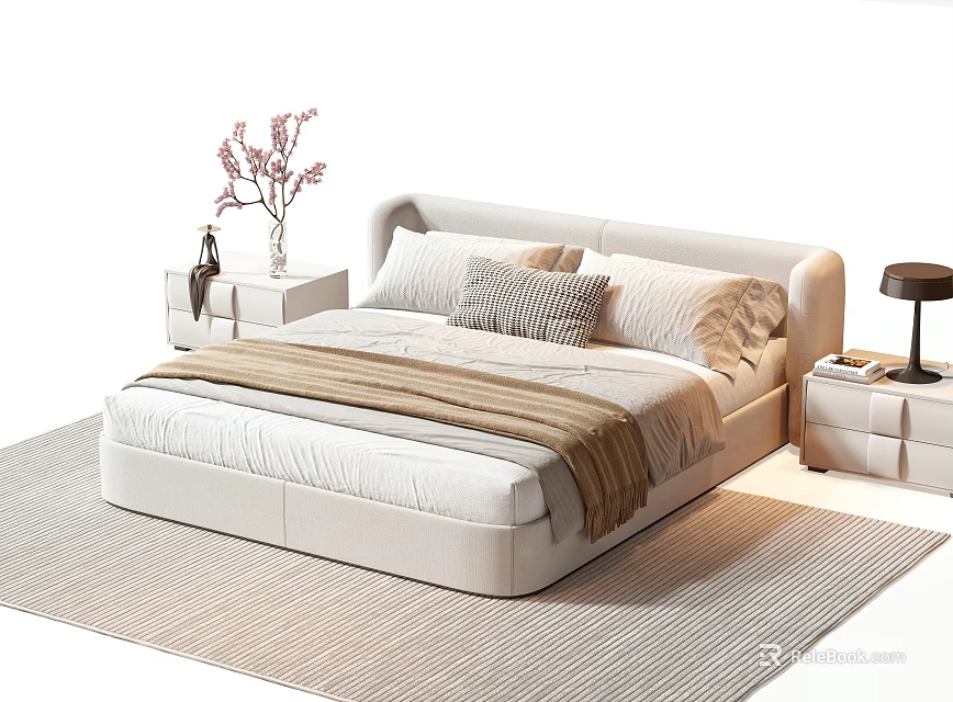 Modern Upholstered Beige Double Bed With Bedside Tables Table Lamp And Flowers 3d model 